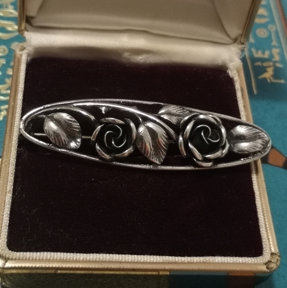 🌹 Vintage Oxidized Sterling Silver Rose Bar Brooch ✨